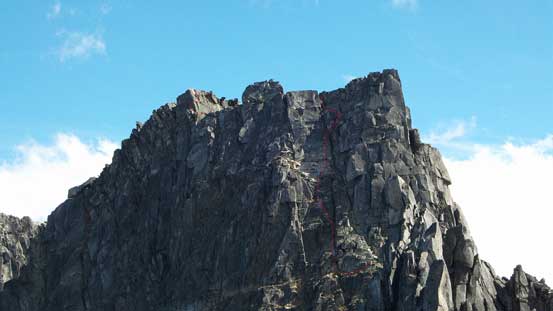 A closer look at the upper Rexford. The 4th class gully leading to false summit right of center
