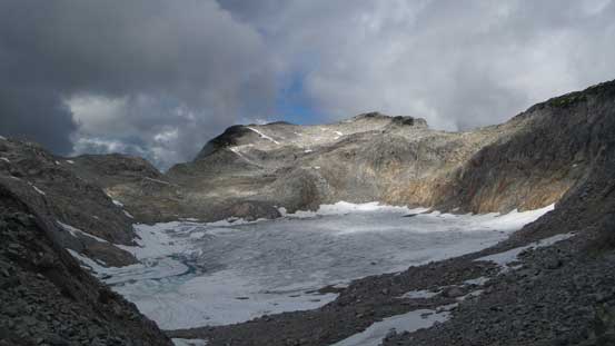 Partway up the gully, looking back at the glacier