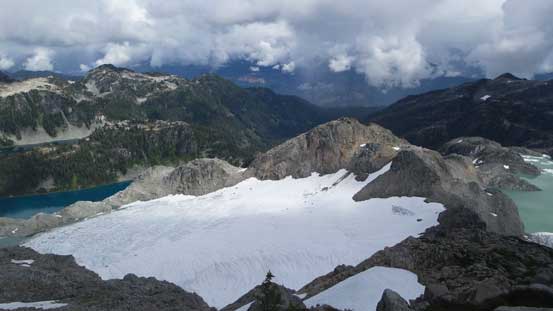 Looking down at the glaciers and lakes on the east side of the divide