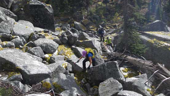 The typical boulder field that we had to negotiate. Those rocks were mossy and wet... 