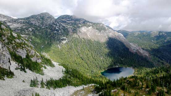 Looking down into the bowl/cirque with a cool lake down below