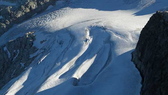Big crevasses on the glacier below