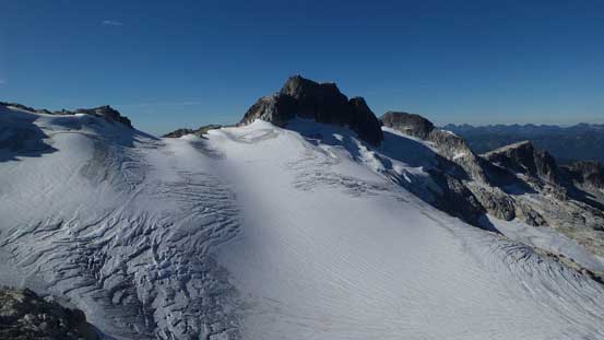 Looking back at the glacier and the summit block of Meslilloet Mountain