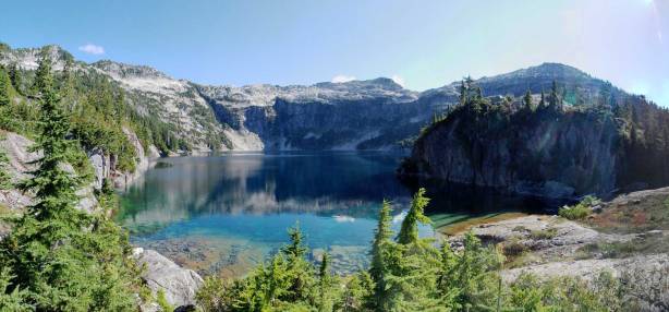 A panorama of Barnes Lake. The summit of Mt. Bonnycastle is on the left side. 