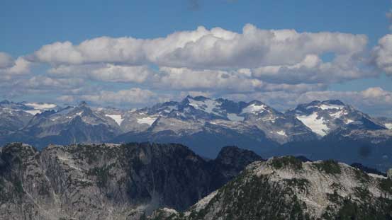 Katzie Mountain massif with Nimbus left of it and Nebula to its right. 