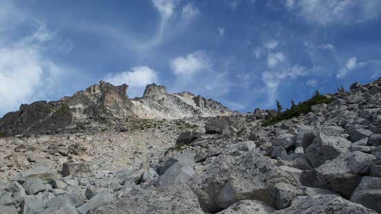 Exiting the Cascadian Couloir now. It's still a long plod to hit the false summit traverse