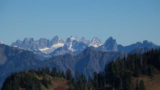 The very jagged Picket Range - Mt. Terror is the tall pinnacle left of center. Mt. Triumph is the pointy one in the foreground. 