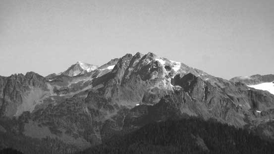 A closer look at Bacon Peak, with Mt. Blum poking behind its left shoulder. 