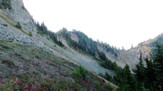 Traversing this slope towards the ascending gully