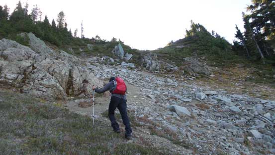 Ascending the gully.