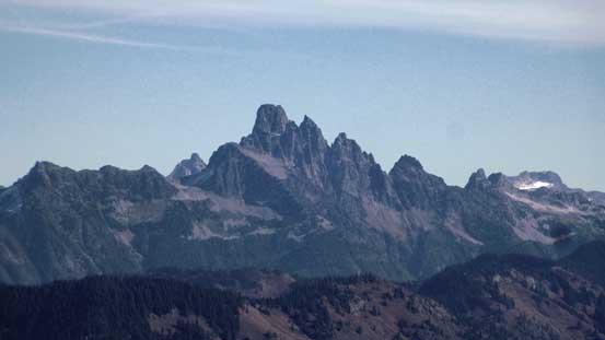A zoomed-in view of Slesse Mountain. The easiest route (5.6) goes up this face...