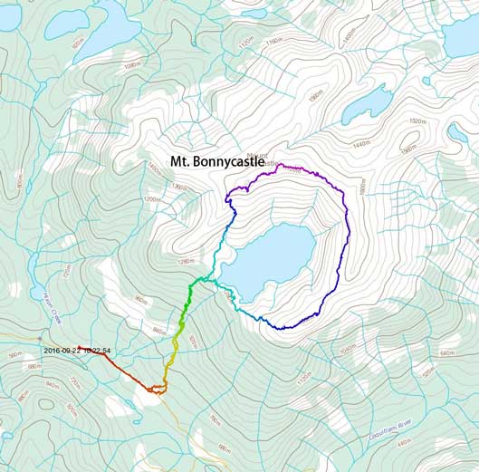Mt. Bonnycastle traverse route, up S/SE Ridge and down SW Ridge