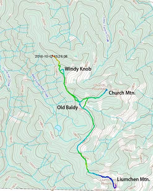 Ascent route for Liumchen, Church, Old Baldy and Windy Knob