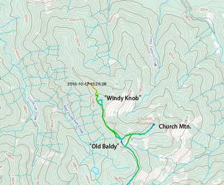 Ascent routes for "Old Baldy", "Windy Knob" and Church Mountain