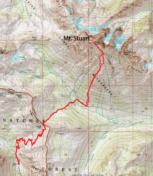 Mt. Stuart ascent route via Cascadian Couloir