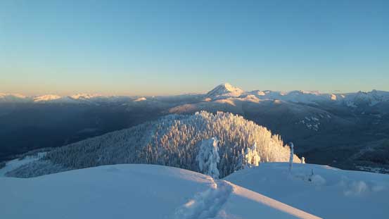 Mt. Garibaldi massif rises behind the forested bump of Mt. Mulligan