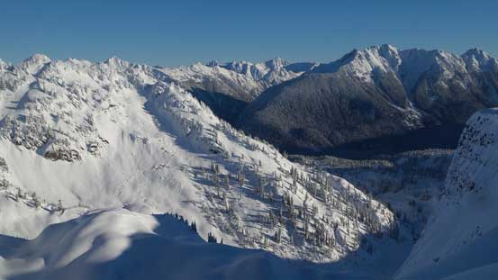 Looking down at the lower reach of Mt. Herman. There's a ton of ski tracks up that way