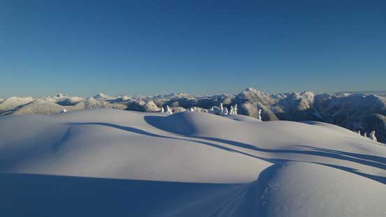 The pristine snowfield on the summit of Goat Mountain