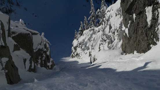 Partway up the lower couloir, looking back