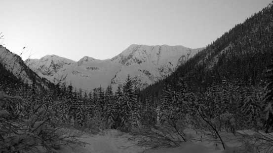 Looking ahead up the drainage. The N. Face of Steep Peak in front
