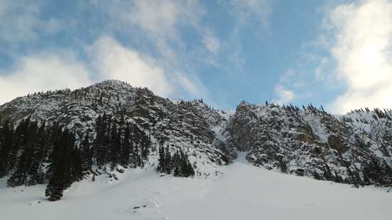 The route traverses underneath this impressive north face of an unnamed peak