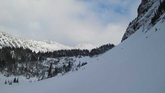 Ahead would be that headwall. I opted to cut a long side-hill traverse to save some elevation loss