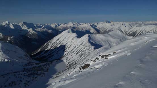 A wider view looking down at the lake, Steep Peak and Peak 2318