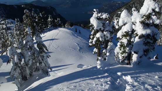 Looking down from halfway up the final push. 