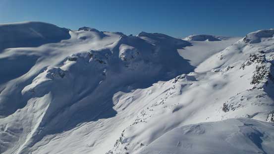 The valley between Powder Mountain and Journeyman Peak. Looks like a good approach route.