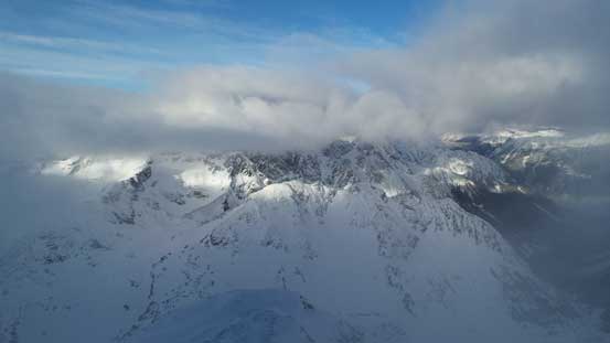 The peaks by Place Glacier Group were still engulfed in clouds