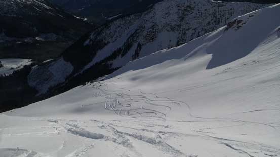 Dropping steeply down into the next bowl 