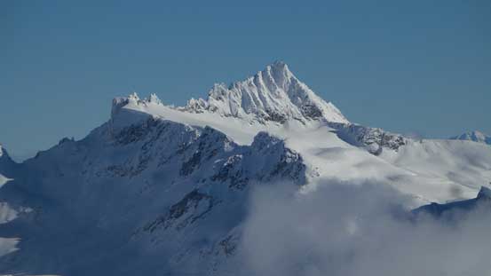 A zoomed-in view of the summit pyramid of Mt. James Turner