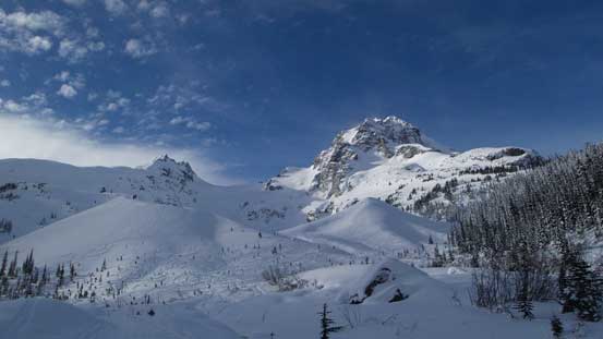 The familiar view of Anniversary Glacier with Mt. Matier and Joffre Peak behind.