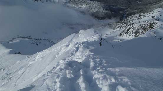 Above the rock step crux, looking down. 