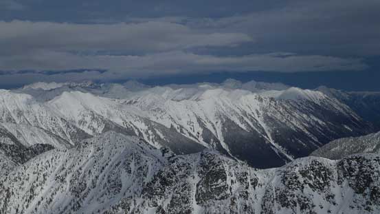 Looking way into the peaks by Downton Creek drainage with big ones like Melvin and Seton. 