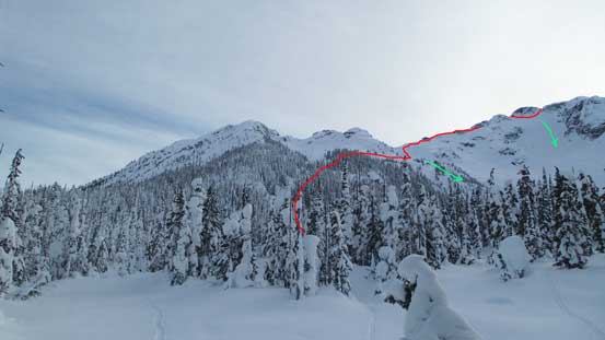 A review shot of the routes we took. The skiers went down the green lines.
