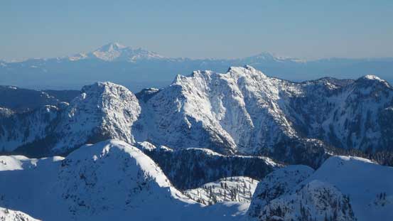 Behind Crown Mountain massif is Mt. Baker and the Twin Sisters
