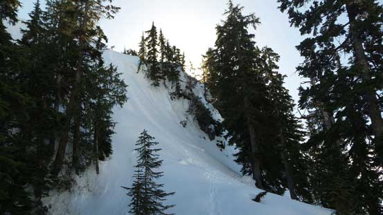 This is the first steep pitch. 50+ degrees at the top but the snow condition was perfect