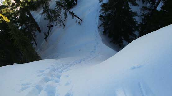 Climbing back up the lower steep pitch
