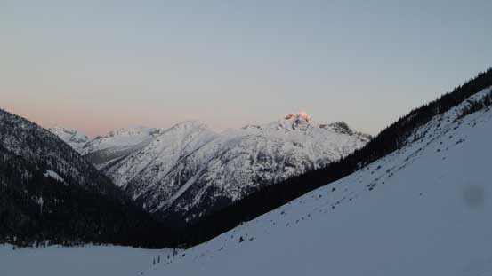 Above the upper Joffre Lake now, looking back at the tip of Cayoosh Mtn. catching morning glow