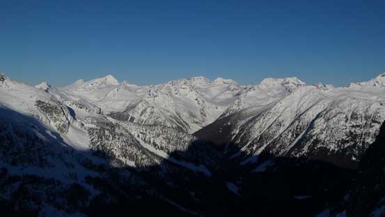 Morning view looking at Place Glacier Group - Mt. Oleg, Cirque Peak, etc. 