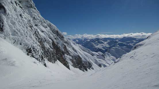 Looking down the south side of M/H col. Lots of skiing activities down Hartzell Glacier