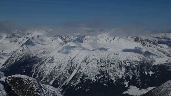Cayoosh Mountain and peaks further behind are engulfed in clouds