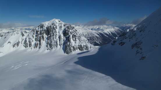 A wider shot of Joffre Peak rises behind Matier Glacier