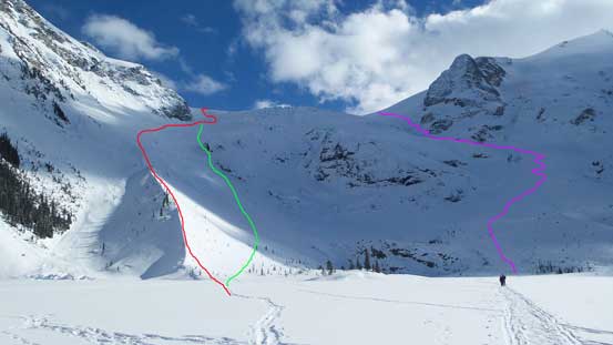 Matier Icefall approach: Red is the skier's track; Green is my route; Purple is climber's right access